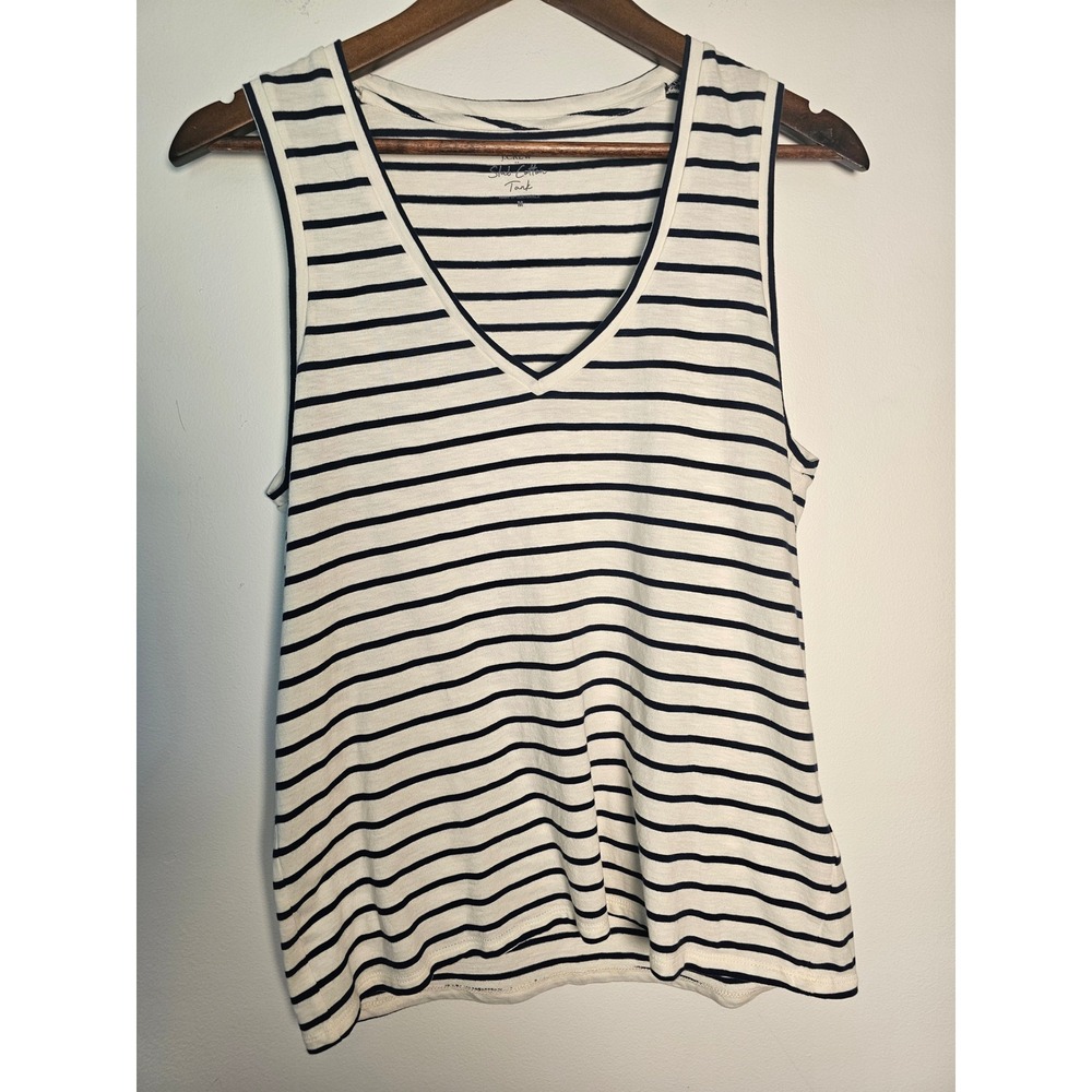 Nautical J.Crew Slub Cotton Tank‎ Top Womens Medium White Navy Striped V-Neck